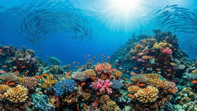 色とりどりのサンゴ礁と熱帯魚の群れ