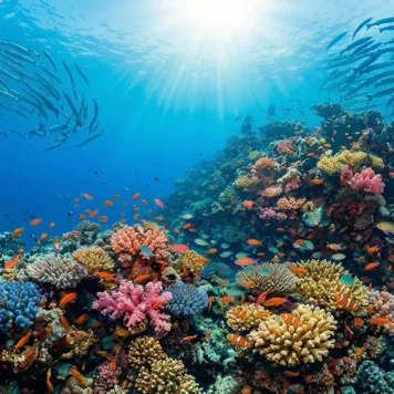 色とりどりのサンゴ礁と熱帯魚の群れ